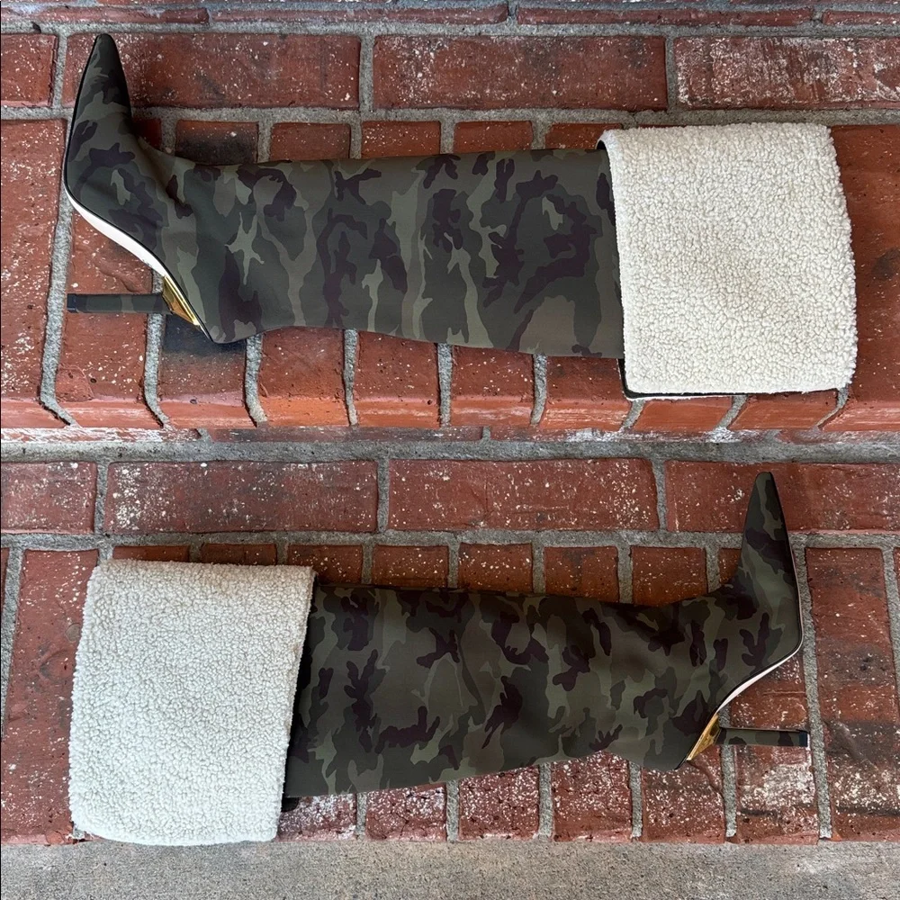 Good American Camo Over the Knee Boots Shearling Cuff GA255N Women's 5.5